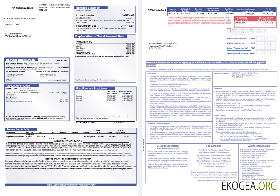 Royaume , Uni Relevé hypothécaire de la Yorkshire Bank aux formats Word et PDF, 3 pages 1 , 2
